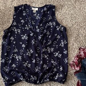 LOFT Navy and White Floral Wrap Blouse